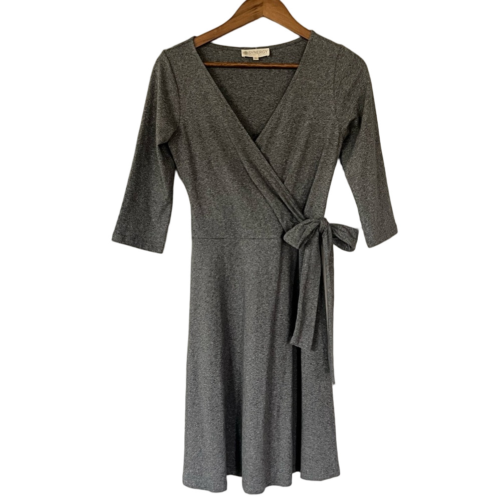 Synergy Organic Cotton Wrap Dress Gray 3/4 Sleeve Size S